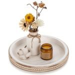 Hanobe Decorative Serving Tray Wood: White Washed Bead Round Tray Decor for Coffee Table Rustic Wooden Trays Farmhouse Centerpiece for Living Room Kitchen Counter