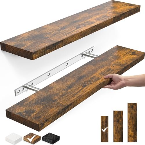 BAYKA 22.5" Floating Wood Shelves - Wall-Mounted Rustic Brown Set BAYKA Floating Shelves, 22.5" Wall Mounted Wood Shelves for Bathroom, Bedroom, Living Room, Kitchen, Hanging Shelf for Books/Storage/Decor with 22lbs Capacity (Rustic Brown,Set of 2)