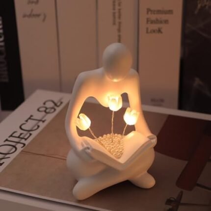 ITOWNKN Reading Sculptures Tulip Lamp,Thinker Statue Figurine Battery Powered Night Light,Modern Abstract Home Decoration, Living Room Bookshelf Office Shelves Desk Decor,Aesthetic Gift