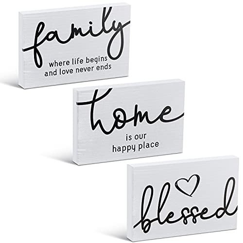 Jetec 3-Piece Blessed Rustic Wood Sign Set for Home Decor Jetec 3 Pcs Family Home Blessed Rustic Wood Sign Mini Wood Decorative Farmhouse Woodworks Table Shelves Decorations Sign for Bedroom Kitchen Living Room Table Decor(White,4.25 x 2.76 x 0.59 in)