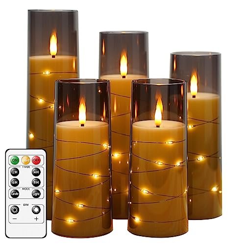 Kakoya Flameless LED Candles with Timer - 5 Flickering Candles kakoya Flameless LED Candles with Timer 5 Pc Flickering Flameless Candles for Romantic Ambiance and Home Decoration Stable Acrylic Shell,with Embedded Star String,Battery Operated Candles(Grey)