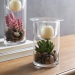 Set of 3 Cylinder Glass Candle Holders with Cobblestones & Artificial Succulents – Unique Christmas Decor - Image 4