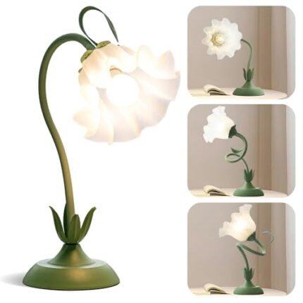 WERFOP Vintage Flower Table Lamp,‎ LED Reading Lamp Cute Flower Bedside Night Light 3 Color Modes Gooseneck Desk Lamp Kawaii Decor for Living Room Bedroom Home (Green)