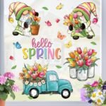 Hello Spring Gnome Window Clings - 4 Sheets of Tulip Truck & Mason Jar Floral Stickers for Home Decor - Image 4