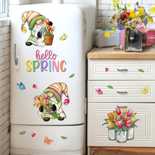 513JM7uVeUL._SL500_.jpg Hello Spring Gnome Window Clings - 4 Sheets of Tulip Truck & Mason Jar Floral Stickers for Home Decor - Image 5