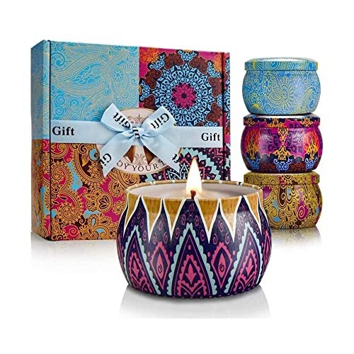 Aromatherapy Candle Gift Set, 4 Pack with 8% Essential Oil, Scented Candles Gift Set, 8% Essential Oil, 4 Pack Aromatherapy Candle, Stress Relief Gifts for Women,120H Burning, Candles for Home Scented, Ideal for Birthday, Christmas, Thanksgiving, Mother's Day