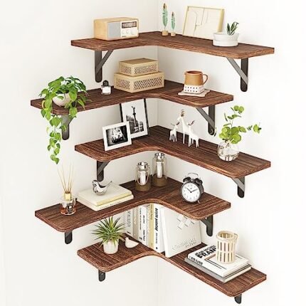 Fixwal Corner Floating Shelves Set of 5, Rustic Wood Wall Mounted Corner Shelf for Bathroom, Kitchen, Bedroom, Home Decor, Laundry Room, Living Room(Dark Carbonized Black)
