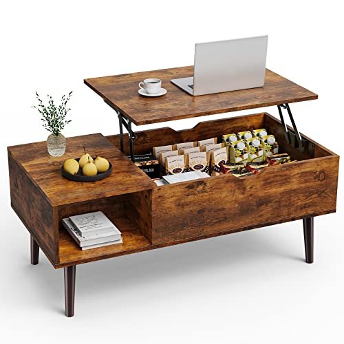 Sweetcrispy Lift-Top Coffee Table: Stylish Brown Living Room Table with Sweetcrispy Coffee Table, Lift Top Coffee Tables for Living Room, Small Rising Wooden Dining Center Tables with Storage Shelf and Hidden Compartment, Brown