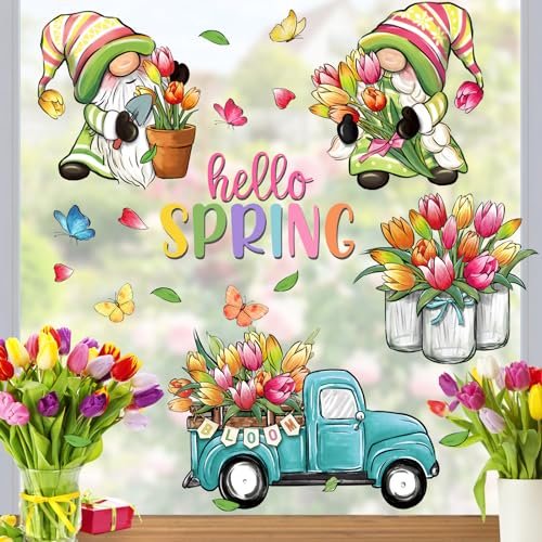 517D3-lUOmL._SL500_.jpg Hello Spring Gnome Window Clings - 4 Sheets of Tulip Truck & Mason Jar Floral Stickers for Home Decor - Image 3