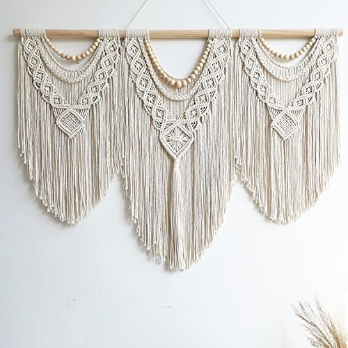 Guzhiou Large Macrame Wall Hanging - Boho Tapestry Art for guzhiou large macrame wall hanging - Boho Tapestry Macrame Wall Decor Art- Chic Bohemian Handmade Woven Tapestry Home Decoration for Bedroom Living Room Apartment Wedding Party - 43"x32" (Wood bead)