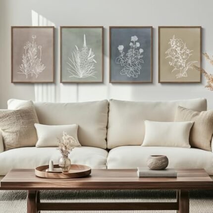 Boho Framed Botanical Wall Art for Living Room, Set of 4 Rustic Flower Canvas Paintings ArtWork for Walls, Vintage Minimalist Floral Neutral Prints for Hallway Bedroom Dining Room Bathroom Wall Decor