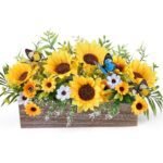 Summer Sunflower Table Centerpieces Rustic Artificial Floral Arrangements Wooden Crate, Rectangular Wooden Planter with Yellow Sunflowers for Tiered Tray Shelf Table Home Farmhouse Decor