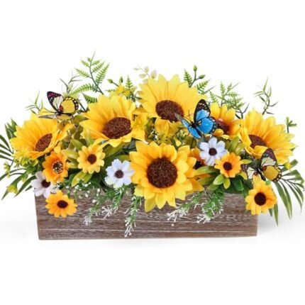 Summer Sunflower Table Centerpieces Rustic Artificial Floral Arrangements Wooden Crate, Rectangular Wooden Planter with Yellow Sunflowers for Tiered Tray Shelf Table Home Farmhouse Decor