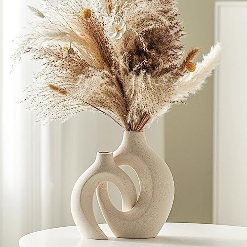 Lvases Snuggle Hollow Ceramic Vase Set of 2 - Nordic Lvases Snuggle Hollow Ceramic Vase Set of 2, Nordic Modern Boho ins Style Decorative Ceramic Aesthetic Flower Vase for Home Decor (Milky White W 6.3" X H 8.4")