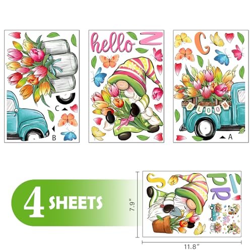 51OO3OoFzcL._SL500_.jpg Hello Spring Gnome Window Clings - 4 Sheets of Tulip Truck & Mason Jar Floral Stickers for Home Decor - Image 2