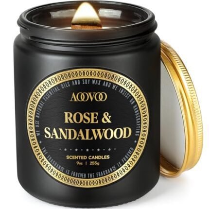 AOOVOO Scented Candles for Men - Rose & Sandalwood Candles for Home Scented | Crackling Wood Wick Soy Candle | Strong Fragranced Masculine Black Candle Gift for Women & Men, 9oz