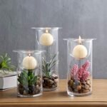 Set of 3 Cylinder Glass Candle Holders with Cobblestones & Artificial Succulents – Unique Christmas Decor - Image 3
