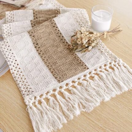 FEXIA Boho Table Runner for Mothers Day Spring Home Decor with Tassels 72 Inches Long Farmhouse Rustic Table Runner Macrame Burlap Table Decoration for Living Room Bridal Shower(12x72 Inches)