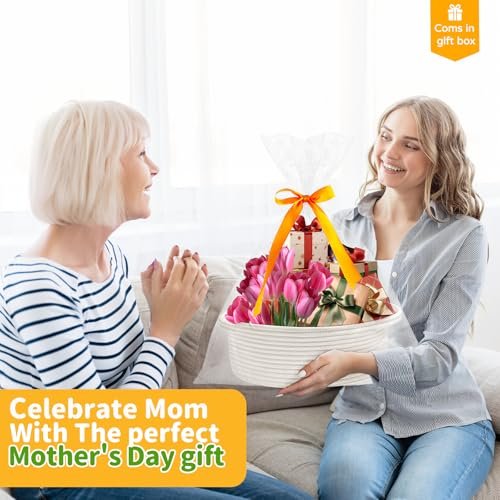 51dXDZKjaL._SL500_.jpg Pro Goleem Small Woven Basket – Ideal for Mother’s Day Gifts or Storage, 12"x8"x5", White, with Handles. - Image 2
