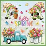 Mfault Hello Spring Gnome Window Clings 4 Sheets, Tulip Flower Teal Truck Mason Jar Farmhouse Wall Stickers Decal Decorations, Floral Bloom Butterfly Seasonal Living Room Home Kitchen Decor