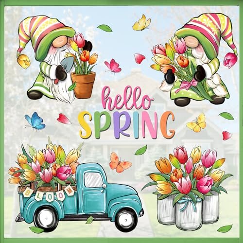 Hello Spring Gnome Window Clings - 4 Sheets of Tulip Mfault Hello Spring Gnome Window Clings 4 Sheets, Tulip Flower Teal Truck Mason Jar Farmhouse Wall Stickers Decal Decorations, Floral Bloom Butterfly Seasonal Living Room Home Kitchen Decor