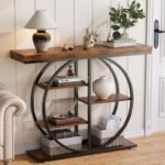 LIFECHOVY 41.3" Console Table for Entryway, Industrial Hallway Sofa Table with Storage Shelves, Narrow Accent Decor Living Room Furniture with Circle Base for Foyer, Entrance, Rustic Brown