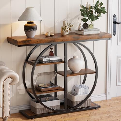 LIFECHOVY 41.3" Industrial Console Table for Entryway: Narrow Sofa Table LIFECHOVY 41.3" Console Table for Entryway, Industrial Hallway Sofa Table with Storage Shelves, Narrow Accent Decor Living Room Furniture with Circle Base for Foyer, Entrance, Rustic Brown