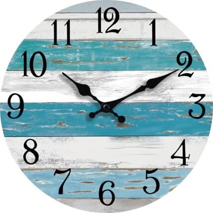 KECYET Wall Clock Battery Operated 10 Inch Outdoor Beach Style Blue Coastal Retro Silent Non Ticking Decorative for Bathroom Kitchen Living Room Bedroom