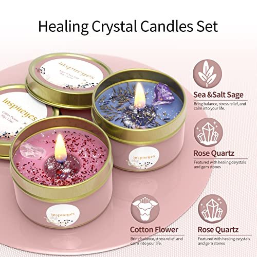51luu6BT63L._SL500_.jpg Inspireyes Aromatherapy Candles Gift Set for Women – Scented Soy Tins with Crystals & Flowers. - Image 2