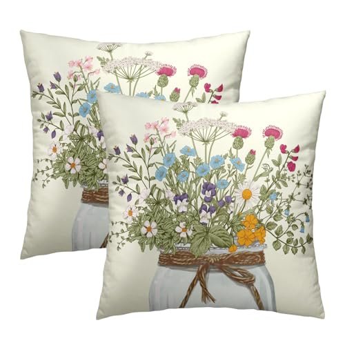 Mweet Wildflower Throw Pillow Covers 18x18 In, Set of 2 Mweet Wildflower Throw Pillow Covers 18x18 Inch Set of 2 Flowers Leaves Bouquet Vase Spring Summer Seasonal Decor Cushion Cover for Bedroom Sofa Living Room Couch Bench Outdoor
