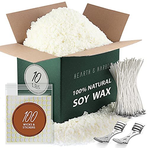 Hearth & Harbor 10 lb Soy Candle Wax Kit: Premium Hearth & Harbor Soy Candle Wax for Candle Making 10 lb Bag, Premium Natural Soy Wax Flakes, 100 Cotton Candle Wicks, 100 Wick Stickers, & 2 Centering Devices
