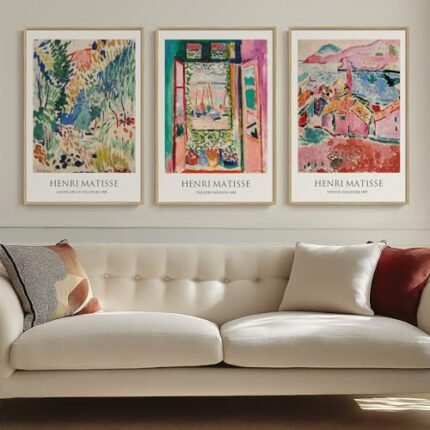 Framed Vintage Matisse Wall Art, Large Set of 3 Piece Henri Matisse Colorful Canvas Artwork for Walls, Matisse Retro Famous Landscape Paintings Prints Pictures for Living Room Bedroom Hallway Office Wall Decor 16x24 Inch