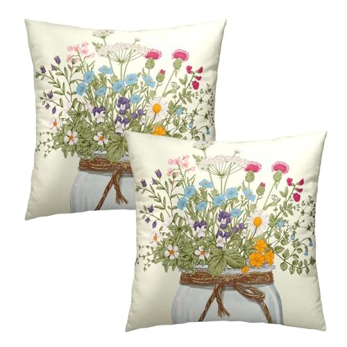 51tdTnj7psL._SL500_.jpg Mweet Wildflower Throw Pillow Covers 18x18 In, Set of 2 - Floral & Leaf Design for Spring/Summer Home Decor. - Image 2