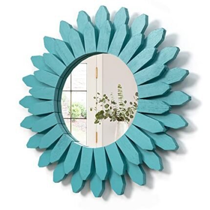 Honiway Beach Wall Decor Mirror 12 inch Wood Coastal Wall Decor Sunburst Boho Home Decor Room Decor for Bedroom Living Room Bathroom Cyan