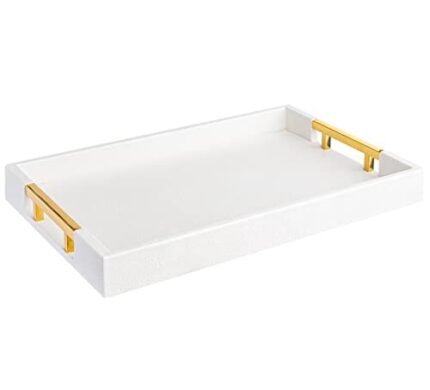 Home Redefined Modern Elegant 18"x12" Rectangle Glossy Faux Leather Shagreen White Decorative Serving Tray with Gold Polished Metal Handles for Ottoman Coffee Table Perfume