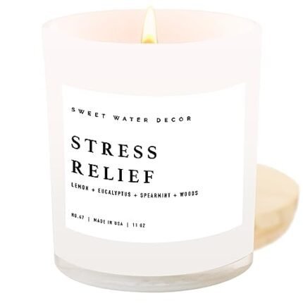 Sweet Water Decor Candles | Spa Scented Soy Wax Candle for Home | 11oz Jar Candle with Wood Lid, 50+ Hour Burn Time, Made in the USA (Stress Relief, White - 11 oz)