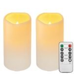 Biyanuo 2PACK Outdoor Plastic flameless Candles with Remote Control and Timer, LED Flickering Battery Operated Electric Pillar Candles (D3 xH5.5) for Camping, Weddings, Home Decoration