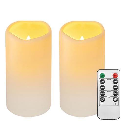 Biyanuo 2-Pack LED Flameless Outdoor Candles with Remote, Timer & Biyanuo 2PACK Outdoor Plastic flameless Candles with Remote Control and Timer, LED Flickering Battery Operated Electric Pillar Candles (D3 xH5.5) for Camping, Weddings, Home Decoration