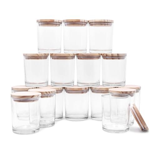 SHOWIN 16-Pack Thick Candle Jars, 7 OZ Empty Jars with SHOWIN Thick Candle Jars for Making Candles 16 Pcs, 7 OZ Empty Jars with Wood Lids for Candle Making, Sample Container, Clear