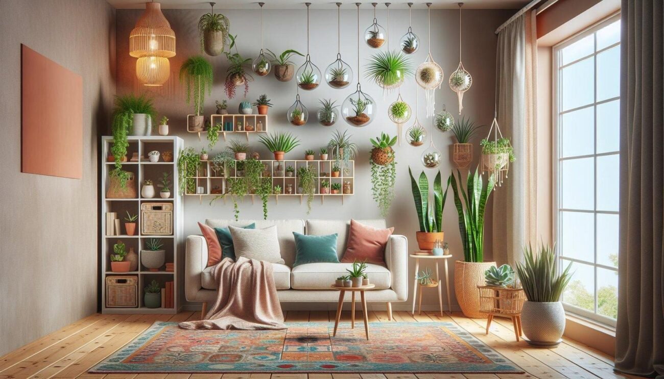 How can I incorporate plants into my living room decor without taking up too much space?