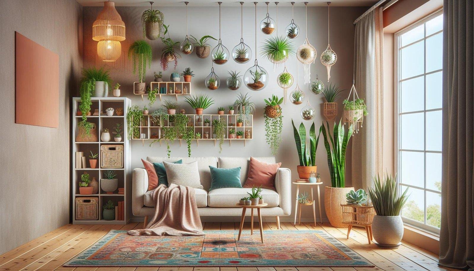 How can I incorporate plants into my living room decor without taking up too much space?