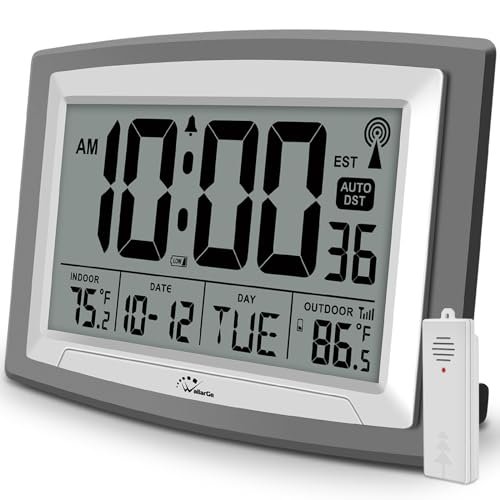 WallarGe Atomic Clock: 12.5" Self-Setting Digital Clock with Indoor/Outdoor Temp. WallarGe Atomic Clock with Outdoor and Indoor Temperature - 12.5 Inch Self-Setting Digital Clock Large Display, Battery Operated Wall Clocks or Desk Clocks for Bedroom, Livingroom, Office