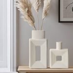 White Ceramic Vase Set of 2,Square Vase Rustic Home Decor Minimalist Nordic Boho Style for Living Room, Shelf, Table, Bookshelf, Mantel and Entryway Decor Vases