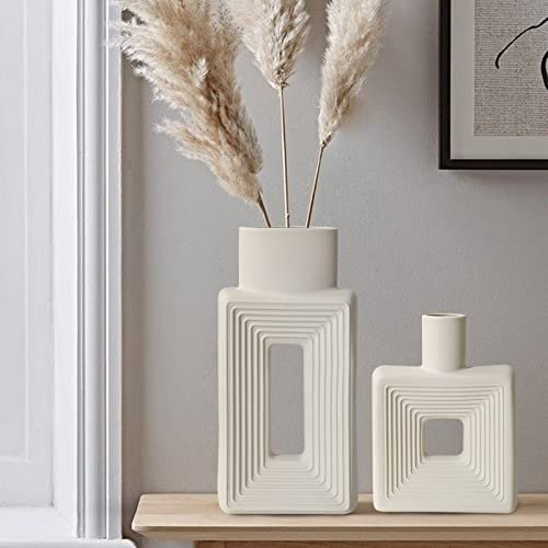 Set of 2 White Ceramic Square Vases in Nordic Boho White Ceramic Vase Set of 2,Square Vase Rustic Home Decor Minimalist Nordic Boho Style for Living Room, Shelf, Table, Bookshelf, Mantel and Entryway Decor Vases