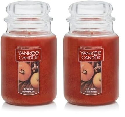 Yankee Candle Darice Candle Spiced Pumpkin Scented, 22oz Single Wick, Over 110 Hours of Burn Time, Perfect Accent for Fall Decor, Classic Large Jar, Peach (Pack of 2)