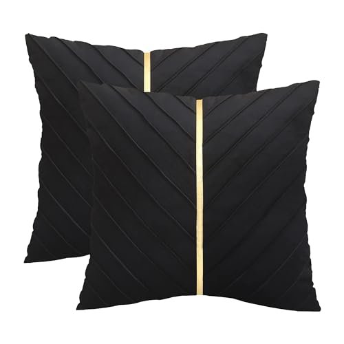 Tosleo Black Velvet Throw Pillow Covers 18x18” - Pack of Tosleo Black Velvet Throw Pillow Covers 18 x18 inch Pack of 2 with Gold Leather Decorative Couch Pillow Cover Luxury Modern Pillowcases for Wedding Living Room Bedroom Sofa Cushion Bed