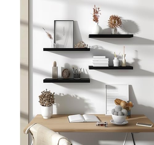 41CDxTa6gL._SL500_.jpg Set of 6 PHPH 17-Inch Black Wooden Floating Wall Shelves for Bedroom Decor - Image 3