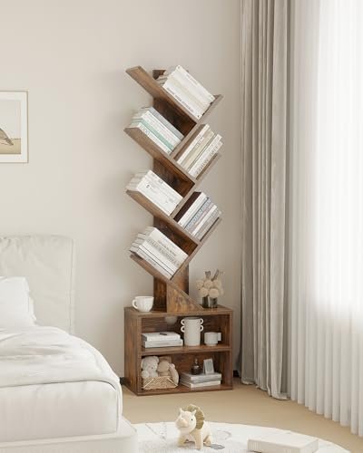 41EGiitjuoL._SL500_.jpg SUNMORY 6-Tier Narrow Bookshelf with Storage Cabinet, Modern Floor-Standing Organizer in Rustic Brown for Home, Office, or Corner Spaces. - Image 8
