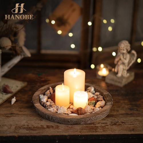 41ENvshBL3L._SL500_.jpg Hanobe Wooden Candle Plate Holder: Round Rustic Tray for Tealights, Pillars & Home Decor. Perfect for Christmas & Weddings! - Image 2