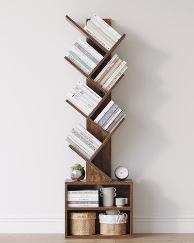 SUNMORY 6-Tier Narrow Bookshelf with Storage Cabinet, Modern Floor-Standing Organizer SUNMORY 6 Tier Tree Bookshelf, Small Bookcase with Storage Cabinet, Modern Tall Narrow Bookshelves Organizer, Floor Standing Book Shelf for Bedroom/Living Room/Home Office/Corner, Rustic Brown